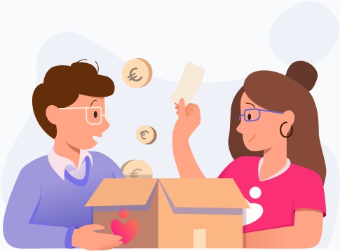 One person drops coins into a move-in box (with a heart logo on it). The other person holds the box and hands out a receipt.