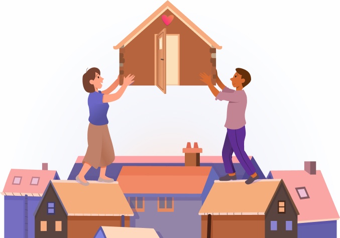 Two people carry a house